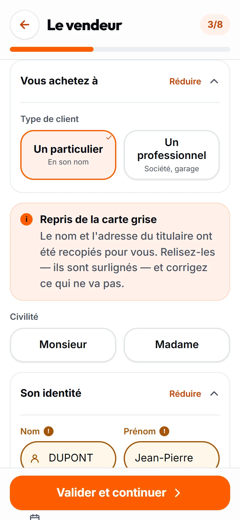 L’écran « Les informations du vendeur » : le nom et l’adresse sont repris de la carte grise.