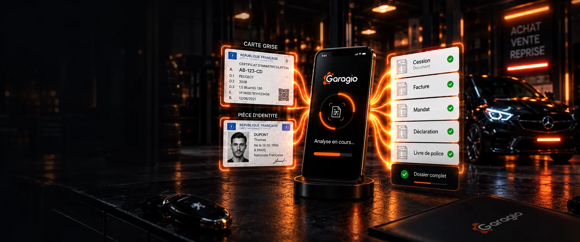 Illustration : une carte grise et une pièce d’identité sont analysées par Garagio sur téléphone pour préparer les documents du véhicule.